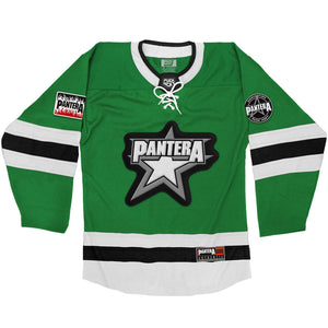 PANTERA 'A NEW LEVEL' deluxe hockey jersey in kelly, white, and black front view