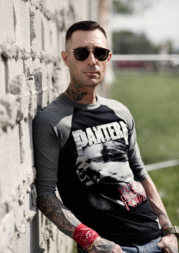 PANTERA 'A VULGAR DISPLAY' hockey raglan in black with deep heather sleeves front view on model