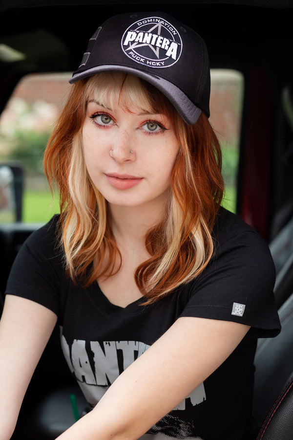 PANTERA 'LET'S DOMINATE' stretch fit hockey cap in black with grey brim and stripes on model