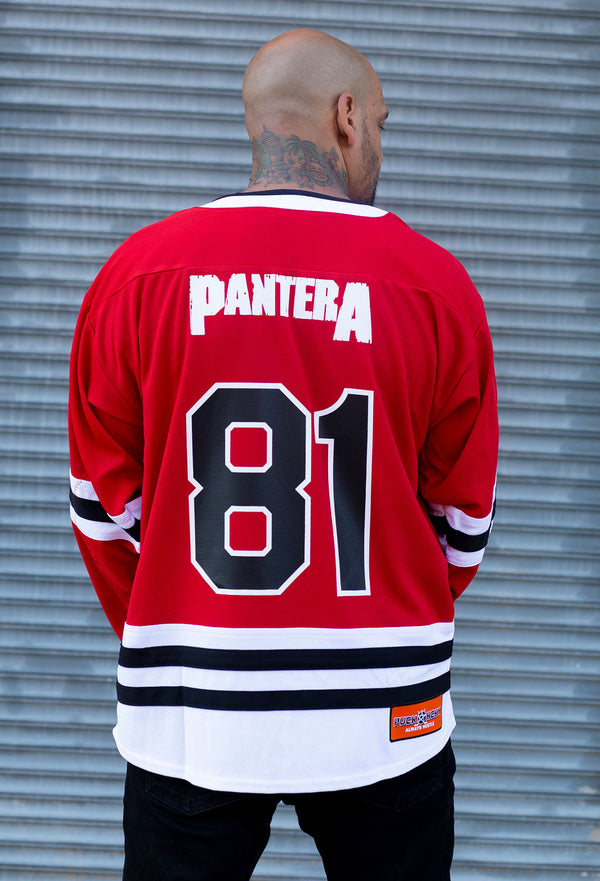 PANTERA 'STRONGER THAN ALL' deluxe hockey jersey in red, white, and black back view on model