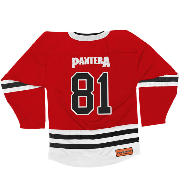 PANTERA 'STRONGER THAN ALL' deluxe hockey jersey in red, white, and black back view