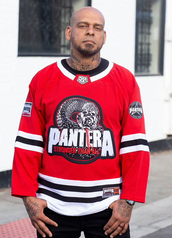 PANTERA 'STRONGER THAN ALL' deluxe hockey jersey in red, white, and black front view on model