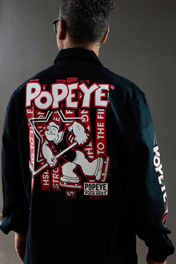 POPEYE 'STRONG TO THE FINISH' hockey flannel in black back view on model