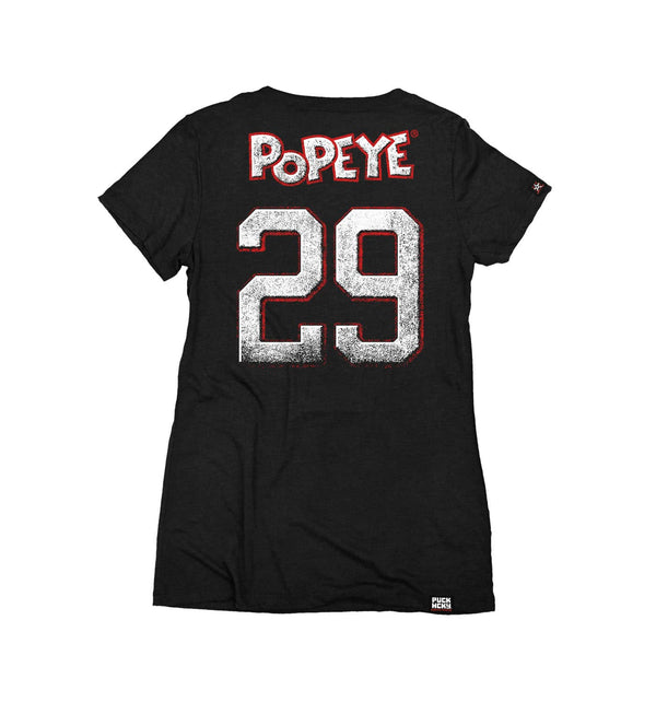 POPEYE 'STRONG TO THE FINISH' women's short sleeve hockey t-shirt in black back view