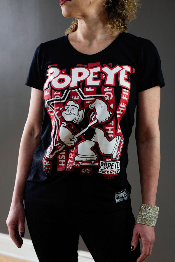 POPEYE 'STRONG TO THE FINISH' women's short sleeve hockey t-shirt in black front view on model
