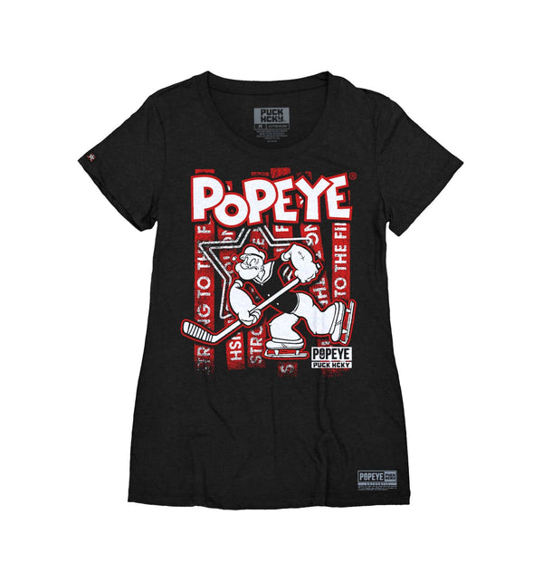 POPEYE 'STRONG TO THE FINISH' women's short sleeve hockey t-shirt in black front view