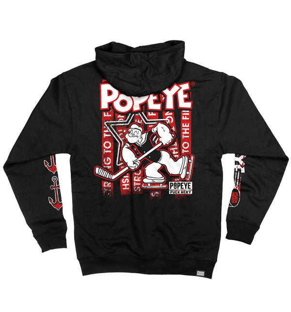 POPEYE 'STRONG TO THE FINISH' full zip hockey hoodie in black back view