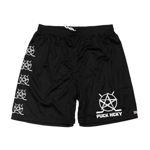 PUCK HCKY 'BIG STAR' mesh hockey shorts in black front view