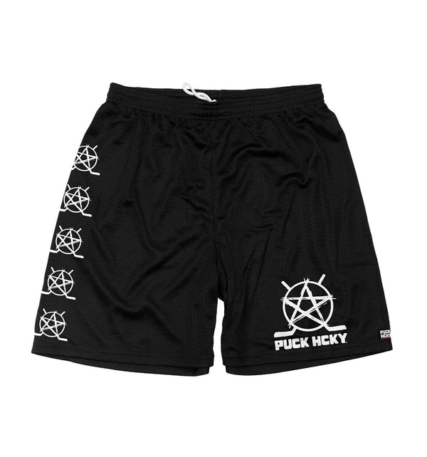 PUCK HCKY 'BIG STAR' mesh hockey shorts in black front view