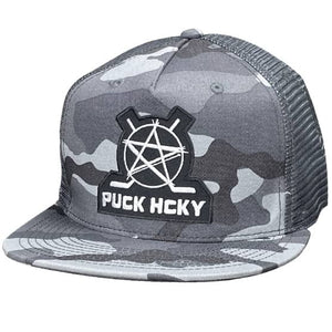 PUCK HCKY 'BIG STAR'' trucker snapback hockey hat in urban front view