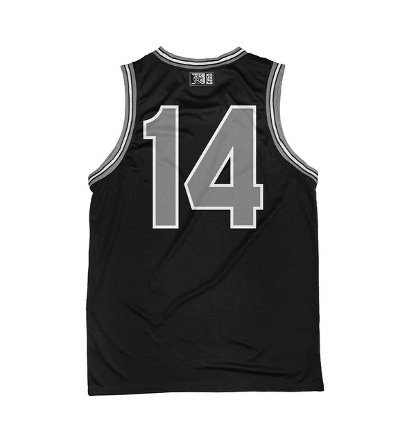 PUCK HCKY 'DETROIT' sleeveless summer league jersey in black, grey, and white back view