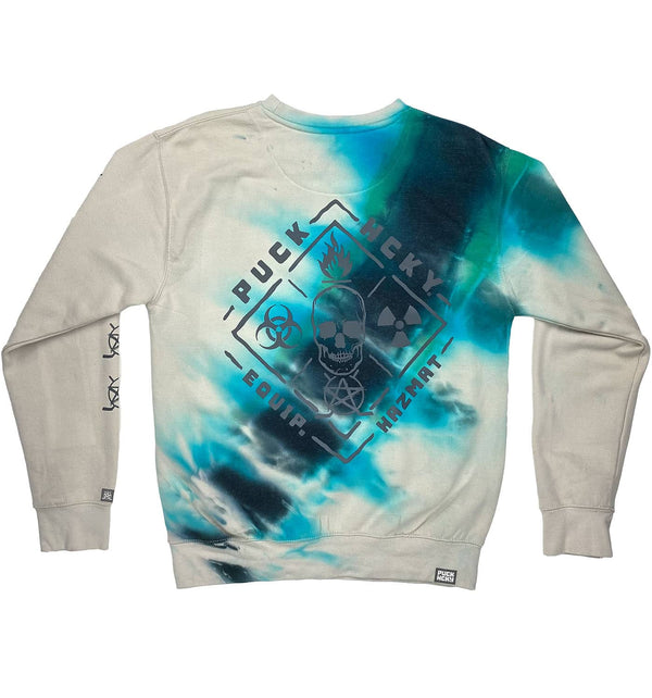 PUCK HCKY 'EQUIPMENT HAZMAT' crewneck hockey sweatshirt in bone with custom tie-dye back view