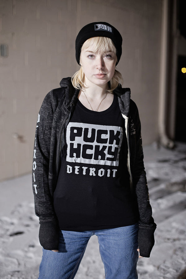 PUCK HCKY 'DETROIT' women's short sleeve hockey t-shirt in black on model