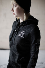 PUCK HCKY ‘DETROIT’ women's full zip hockey hoodie in acid black front view on model