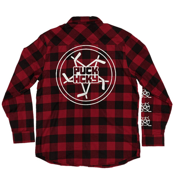 PUCK HCKY 'PENTASTICK’ hockey flannel in red and black back view