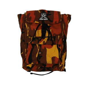 PUCK HCKY 'SKATE MARKS' hockey game-day travel pack in orange camo front view