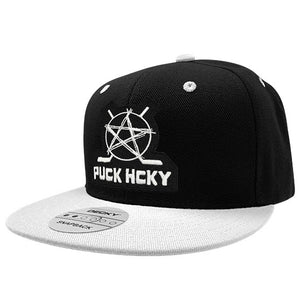 PUCK HCKY 'SKATE MARKS' flat bill snapback hockey cap in black white brim