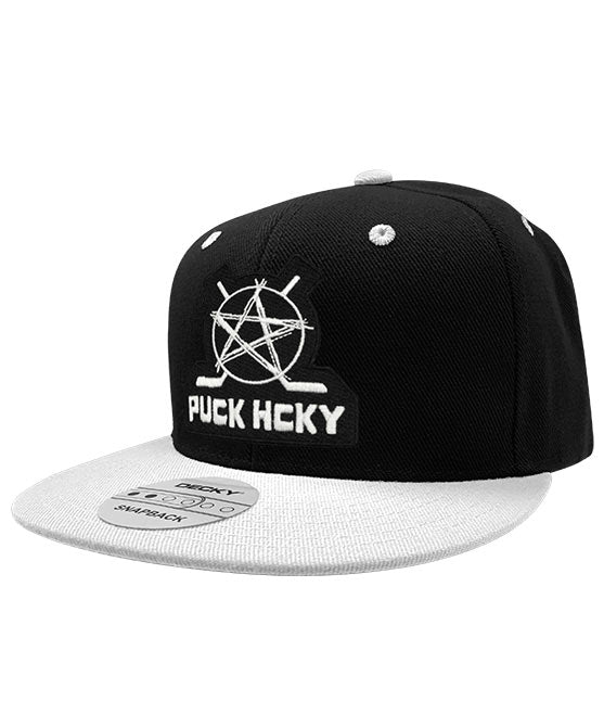 PUCK HCKY 'SKATE MARKS' flat bill snapback hockey cap in black white brim