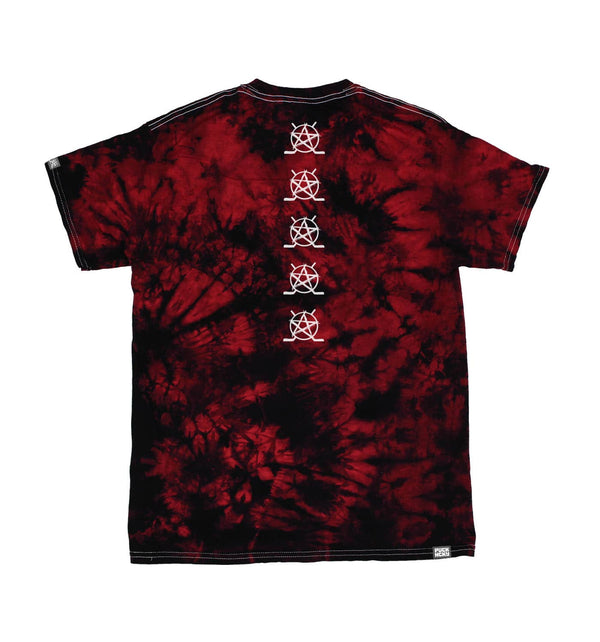 PUCK HCKY 'SKATE MARKS' short sleeve tie-dye hockey t-shirt in red and black back view