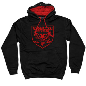 PUCK HCKY 'SHOOT PUCKS NOT PEOPLE - BATTLE EAGLE' pullover colorblock hockey hoodie in black and red