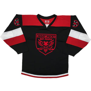 PUCK HCKY 'SHOOT PUCKS NOT PEOPLE - BATTLE EAGLE' hockey jersey in black, white and red