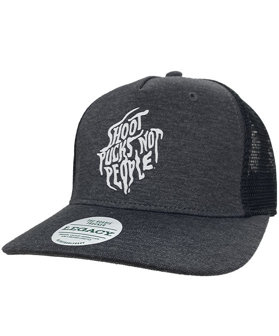 PUCK HCKY 'SHOOT PUCKS NOT PEOPLE - DRIPPY SCRIPT’ trucker snapback hockey cap in charcoal and black