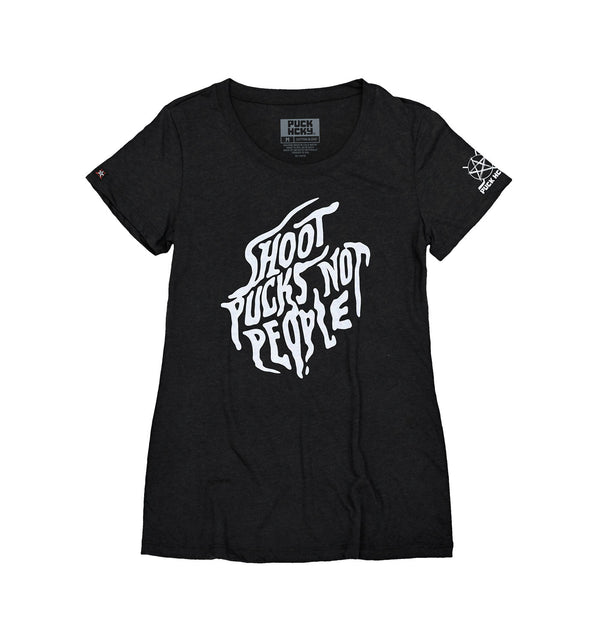 PUCK HCKY 'SHOOT PUCKS NOT PEOPLE - SCRIPT' women's short sleeve hockey t-shirt in black