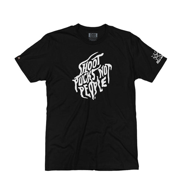 PUCK HCKY 'SHOOT PUCKS NOT PEOPLE - SCRIPT' short sleeve hockey t-shirt in solid black