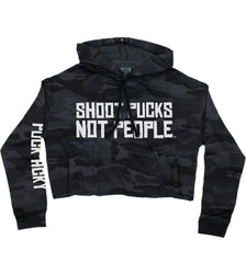 PUCK HCKY 'SHOOT PUCKS NOT PEOPLE - STACKED' women's pullover crop hockey hoodie in black camo