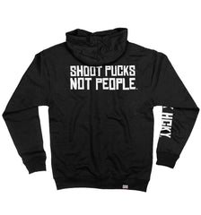 PUCK HCKY 'SHOOT PUCKS NOT PEOPLE - STACKED' full zip hockey hoodie in black back view
