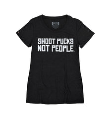 PUCK HCKY 'SHOOT PUCKS NOT PEOPLE - STACKED' women's short sleeve hockey t-shirt in black