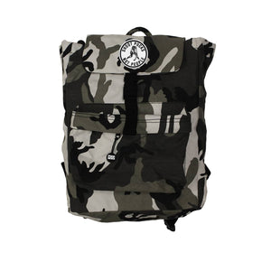 PUCK HCKY 'SHOOT PUCKS NOT PEOPLE - THE BIG SKATE' hockey backpack in grey camo front view
