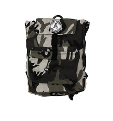 PUCK HCKY 'SHOOT PUCKS NOT PEOPLE - THE BIG SKATE' hockey backpack in grey camo front view