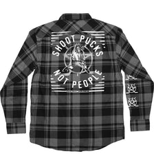 PUCK HCKY 'SHOOT PUCKS NOT PEOPLE - THE BIG SKATE' hockey flannel in grey and black plaid back view