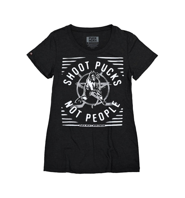PUCK HCKY 'SHOOT PUCKS NOT PEOPLE - THE BIG SKATE' women's short sleeve hockey t-shirt in black