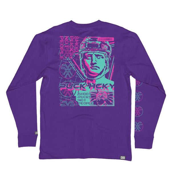 PUCK HCKY 'VAPORWAVE' long sleeve hockey t-shirt in purple back view