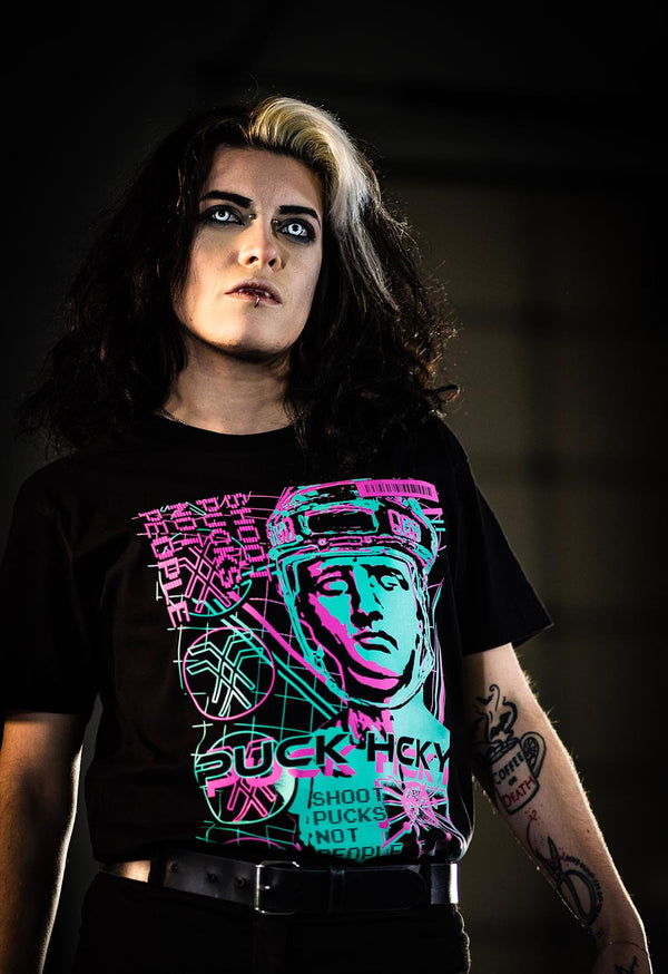 PUCK HCKY 'VAPORWAVE' short sleeve hockey t-shirt in black front view on model