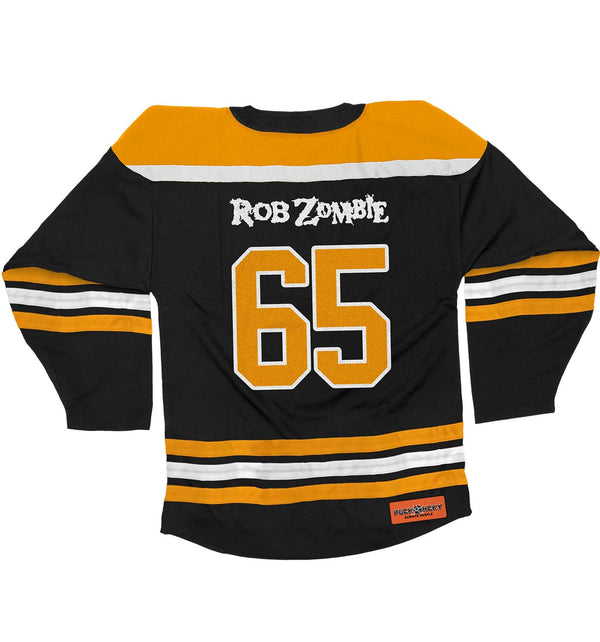 ROB ZOMBIE 'MARS NEEDS HCKY' hockey jersey in black, gold, and white back view