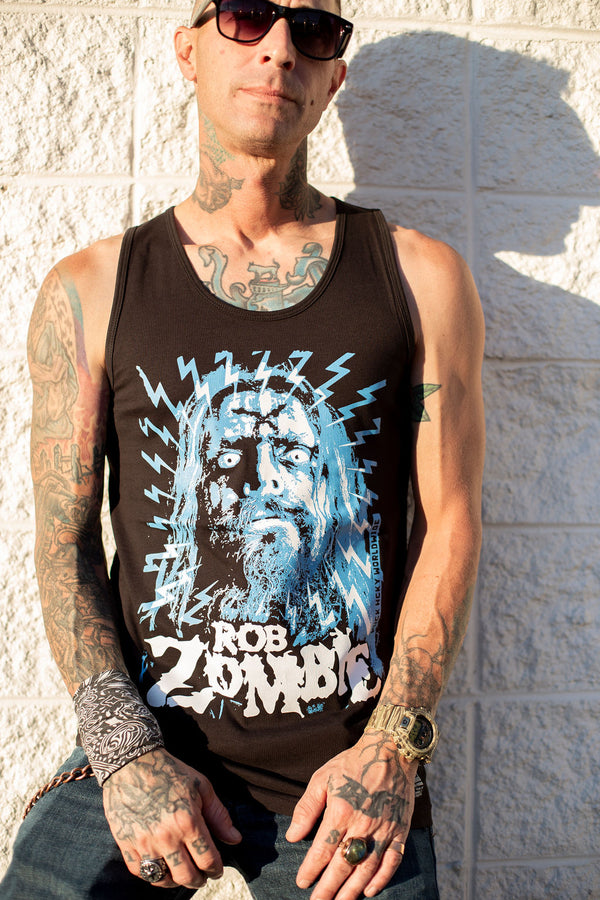 ROB ZOMBIE 'SKATANIC' hockey tank top in black front view on male model