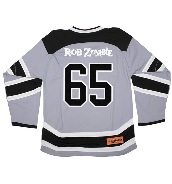 ROB ZOMBIE 'SKATERBEAST' deluxe hockey jersey in grey, black, and white back view