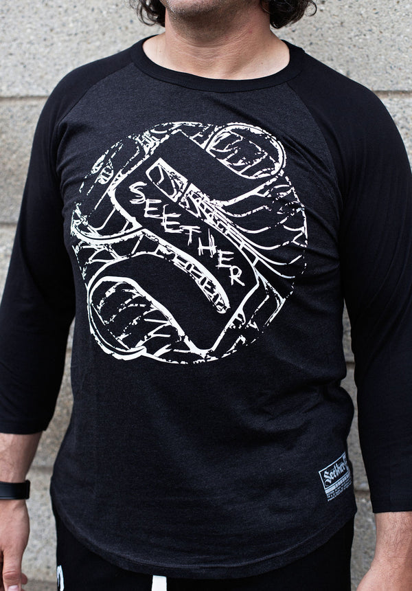 SEETHER 'THE S' hockey raglan t-shirt in graphite heather with black sleeves front view on model