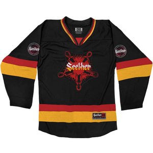 SEETHER 'WASTELAND' deluxe hockey jersey in black, red, and gold front view