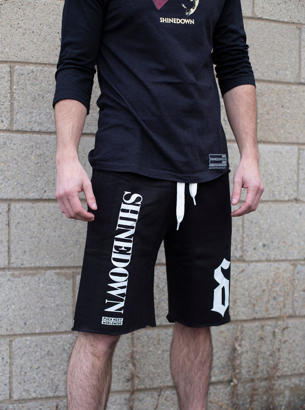 SHINEDOWN ‘ADRENALINE’ fleece hockey shorts in black front view on model