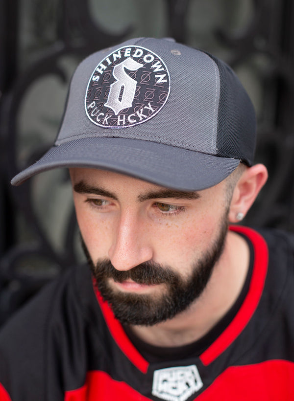 SHINEDOWN 'ADRENALINE' mesh back hockey cap in iron grey and black on model
