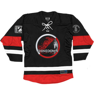 SHINEDOWN ‘PLANET ZERO’ deluxe hockey jersey in black, white, and red front view