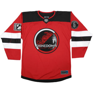 SHINEDOWN ‘PLANET ZERO’ deluxe hockey jersey in red, black, and white front view