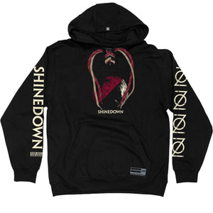 SHINEDOWN ‘PLANET ZERO' laced pullover hockey hoodie in black with red and tan laces front view
