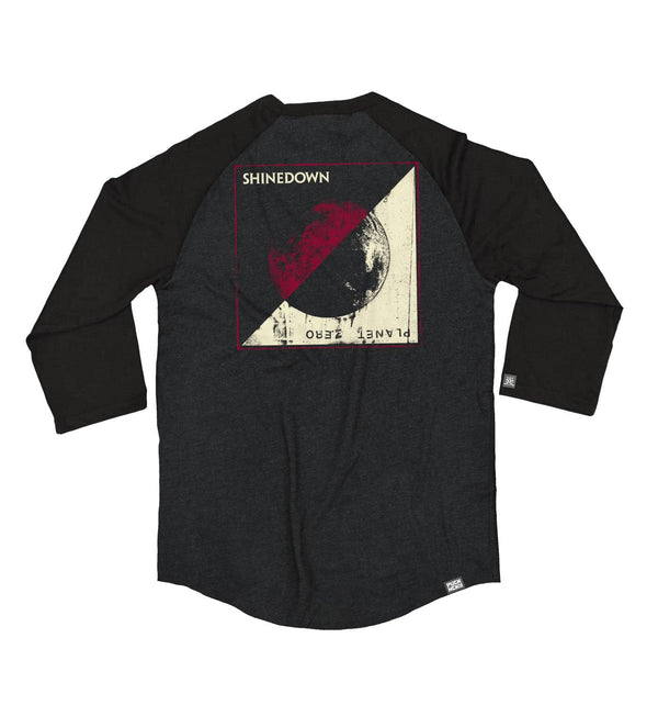 SHINEDOWN ‘PLANET ZERO’ hockey raglan t-shirt in graphite heather with black sleeves back view