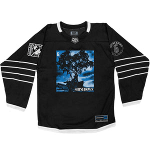 SHINEDOWN ‘WHISPER’ hockey jersey in black and white front view
