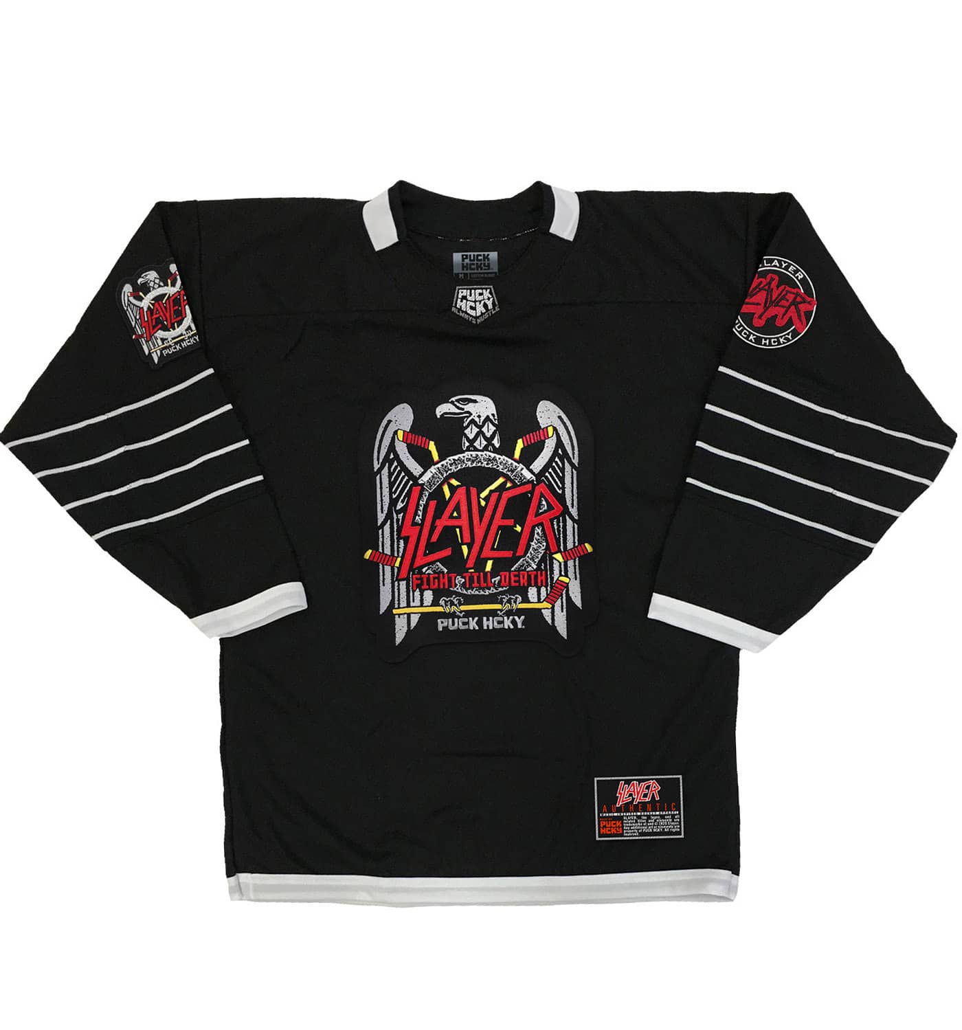 Slayer x Puck Hcky Slayer 'Fight Till Death' Deluxe Hockey Jersey (Black/White), Black/White / 4XL (Goalie Cut)